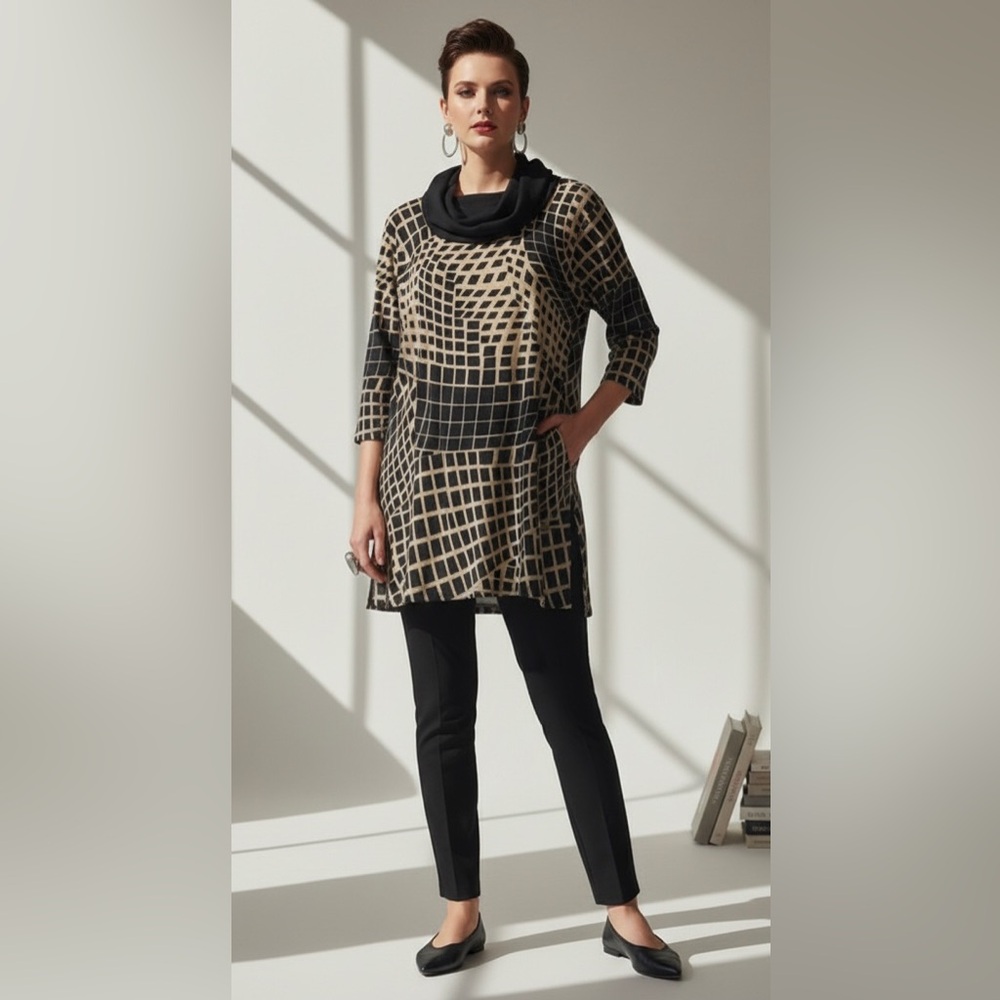 Artsy Tunic Top Geometric Grid Print Statement Cowl Neck
